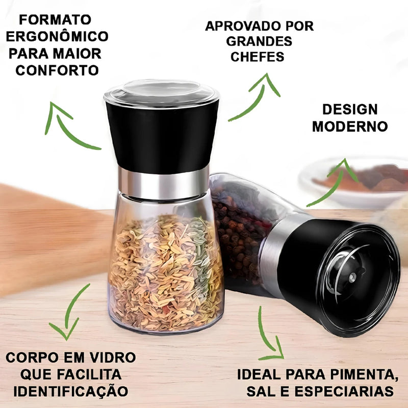 Kit com 2 Moedores de Temperos – Sal, Pimenta e Especiarias em Vidro e Inox