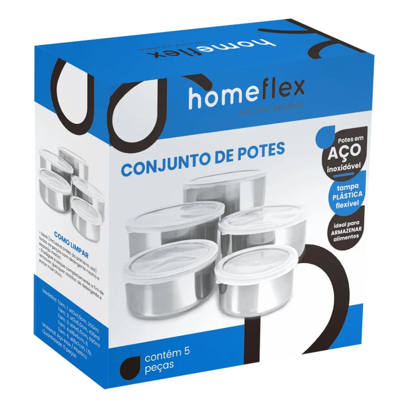 Conjunto 5 Tigelas de Aço Inox com Tampa Redonda