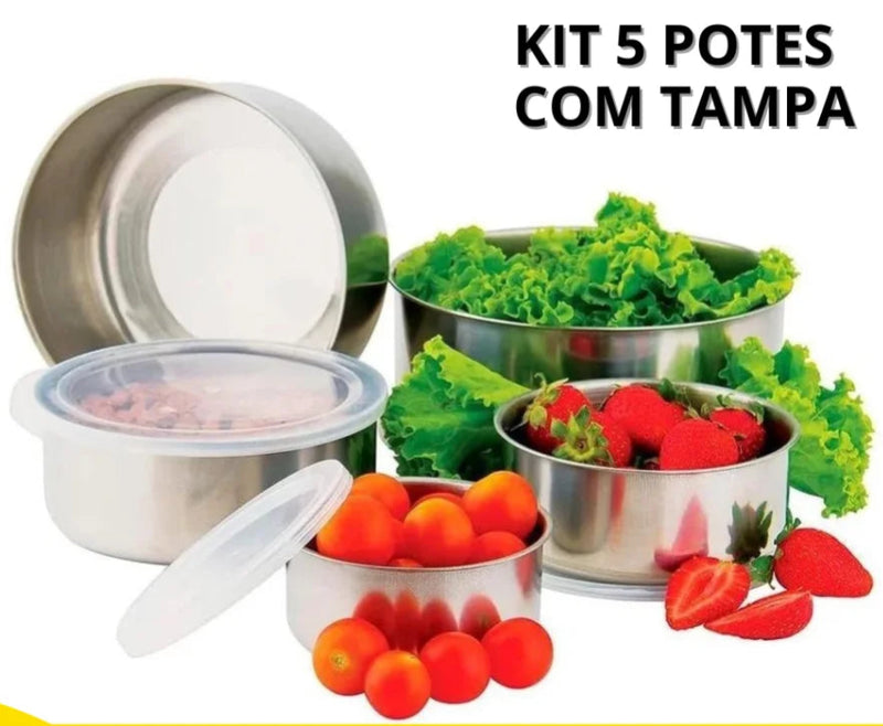 Conjunto 5 Tigelas de Aço Inox com Tampa Redonda