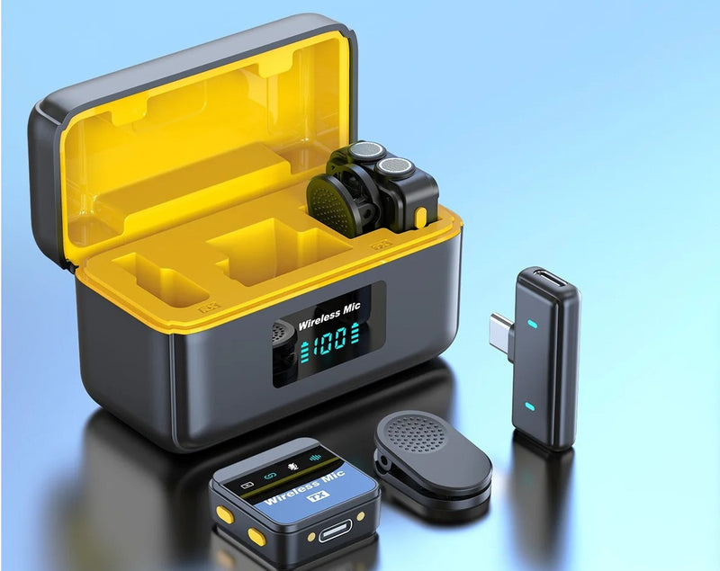 Microfone de lapela sem fio Rythflo para iPhone/Android com Lightning/USB C (2 TX+2 RX+estojo de carregamento)